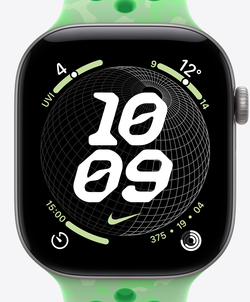 Tarcza Nike Globe, godzina, logo Nike Swoosh, komplikacje: indeks UV, pogoda, minutnik, Pierścienie aktywności