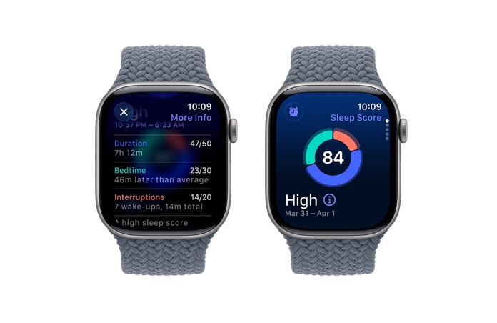 Apple Watch Series 11, culoare Gri stelar, carcasă din aluminiu, notificare scor de somn, partea laterală dreaptă exterioară, Digital Crown, brățară împletită Solo, culoare Albastru ancoră