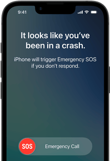 iPhone 17e, vedere frontală, colțuri rotunjite, funcția Detectare accident în utilizare