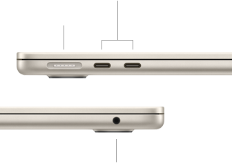 MacBook Air, închis, pe partea stângă se văd portul MagSafe și două porturi Thunderbolt, pe partea dreaptă se vede mufa pentru căști