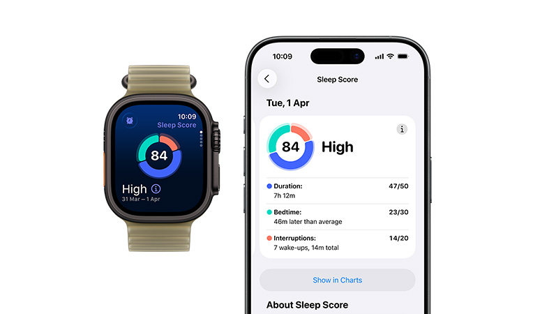 Apple Watch Ultra 4, titanium case, black colour, sleep score circle graph and rating, Ocean Band, translucent kelp colour (pale brownish green), full sleep analysis open on paired iPhone