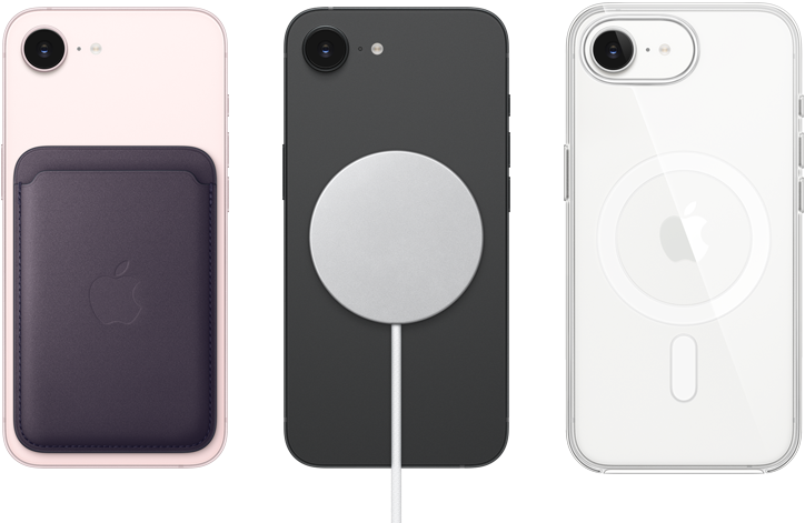 iPhone 17e, pohľad zozadu, svetloružová farba, pripnutá peňaženka z tkaniny FineWoven s MagSafe, iPhone 17e, pohľad zozadu, čierna farba, pripnutá nabíjačka MagSafe, iPhone 17e, pohľad zozadu, biela farba, nasadený priehľadný kryt s MagSafe