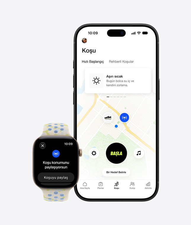 Apple Watch Series 12, alüminyum kasa, uçuk altın rengi, Nike Spor Loop kordon, asfalt grisi renk (orta gri renk dokuma desenli ve kırmızı detaylı koyu gri), konum paylaşma ekranı, iPhone 18 Pro, Nike Run Club uygulaması açık hava koşusunu haritalandırıyor
