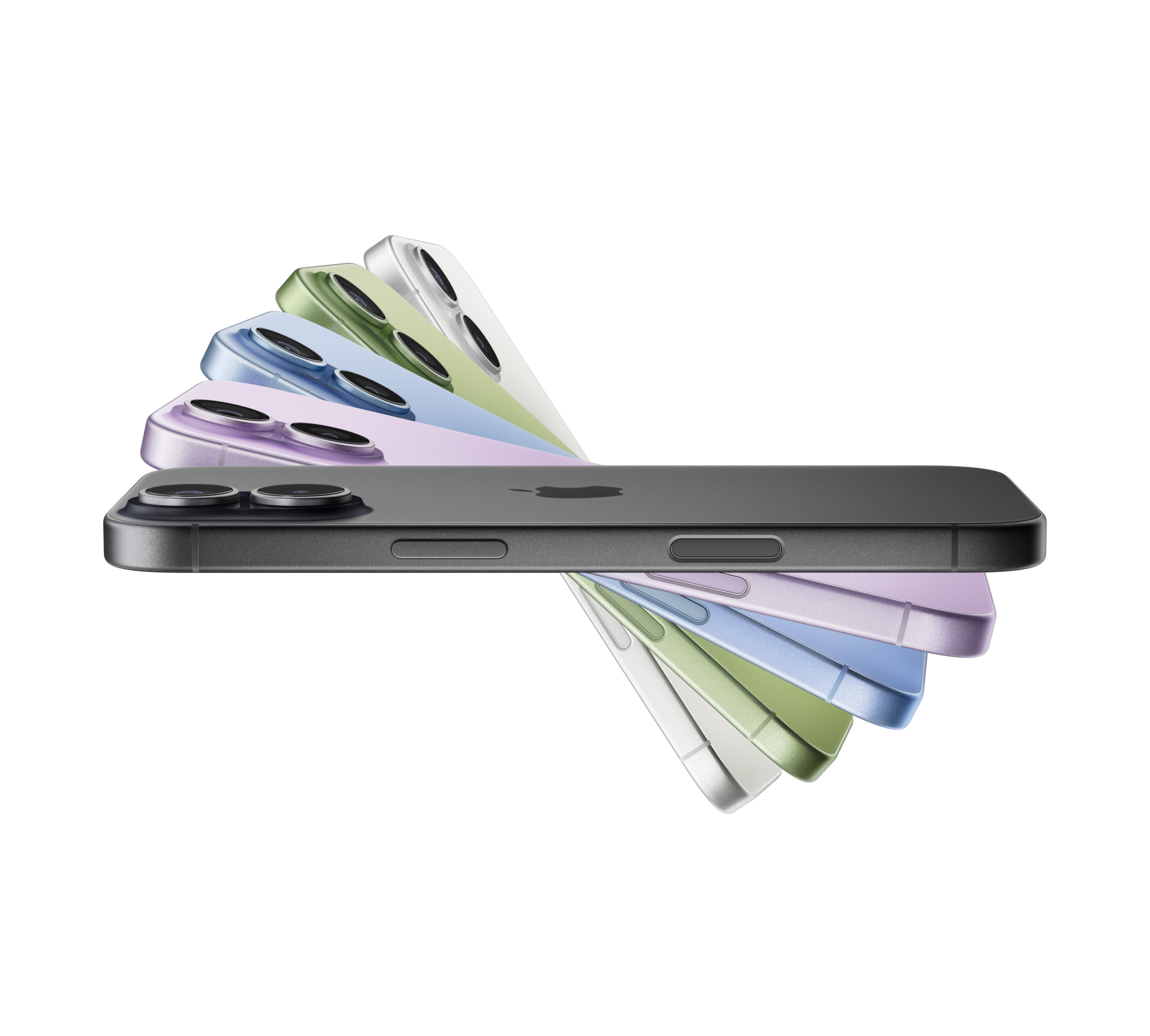 Yelpaze şeklinde açılmış iPhone 17 aygıtları: siyah, lavanta rengi, sis mavisi, ada çayı rengi, beyaz