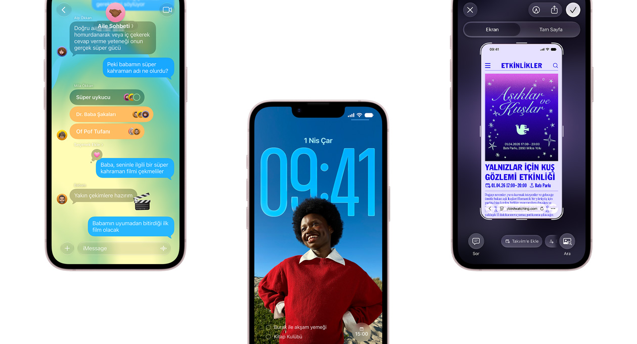 Üç adet iPhone 17e aygıtı, ekranında Liquid Glass tasarımlı Mesajlar uygulaması, dinamik Kilit Ekranı ve Takvim etkinliğinin kullanıldığı ekran görüntüsü özelliği gösteriliyor