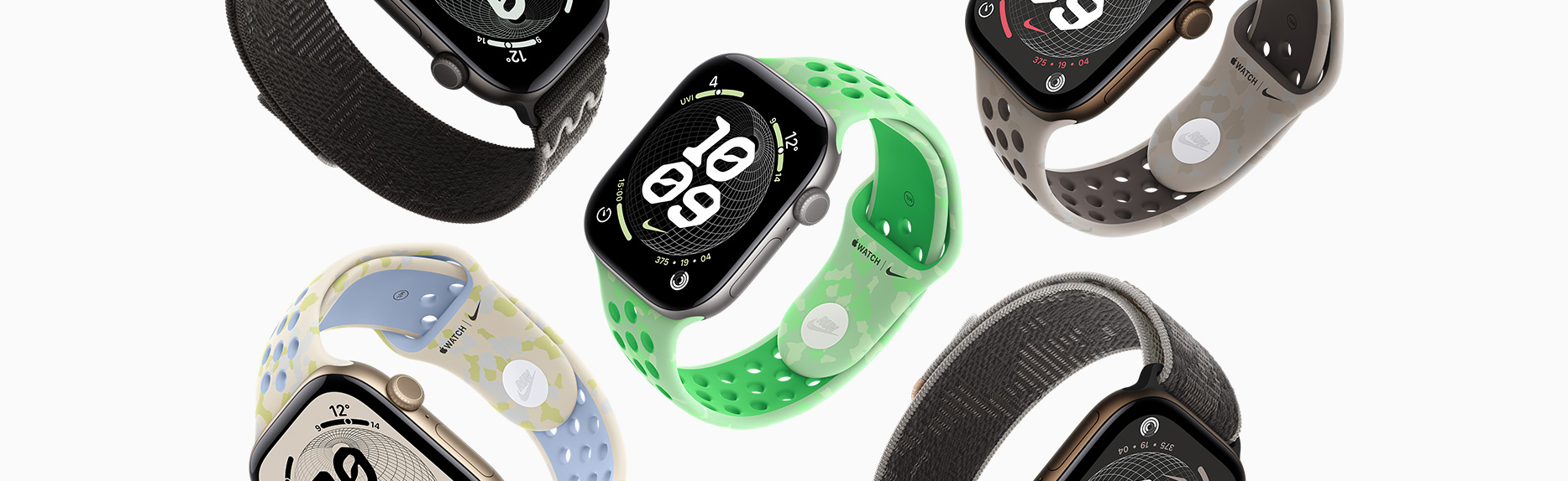 多部 Apple Watch 裝置，展示多款 Nike 錶帶與 Nike 錶面