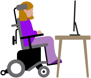 Eine Person in einem motorbetriebenen Rollstuhl schaut auf einen Mac Computer, der auf einem Schreibtisch steht