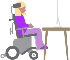 Eine Person in einem motorbetriebenen Rollstuhl schaut auf einen Mac Computer, der auf einem Schreibtisch steht