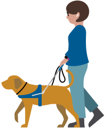 Eine Person mit eingeschränktem Sehvermögen, die AirPods trägt und mit ihrem Assistenzhund spazieren geht