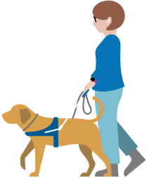 Eine Person mit eingeschränktem Sehvermögen, die AirPods trägt und mit ihrem Assistenzhund spazieren geht