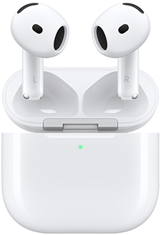 AirPods 5: beyaz renk, oval şekilli kulaklıklar, kısa alt uçlar, şarj kutusu, hoparlör açıklığıyla kusursuz tasarım, harici LED pil gücü göstergesi, kapağı açık, gümüş rengi menteşe ile takılı