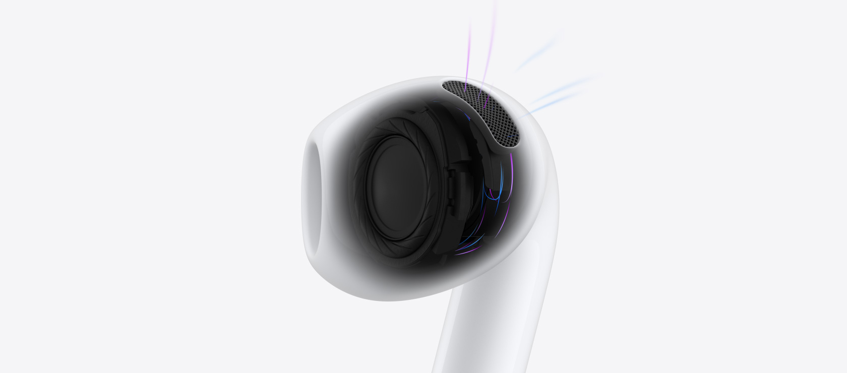 AirPods 5’in iç mimarisi, mavi çizgiler kulaklığın içinden gelen hava ve sesi temsil ediyor