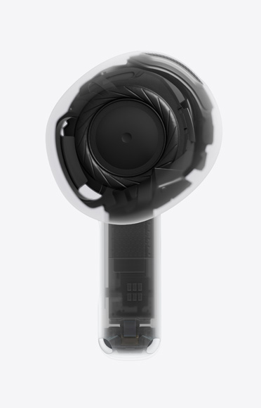 AirPods 5, kulaklık, tek alt uç, şeffaf, iç mimari