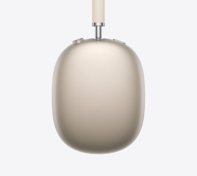 Slúchadlá AirPods Max 2, pohľad zboku, hviezdna biela farba, detailný záber na teleskopické rameno, náušník, korunku Digital Crown a tlačidlo potláčania hluku