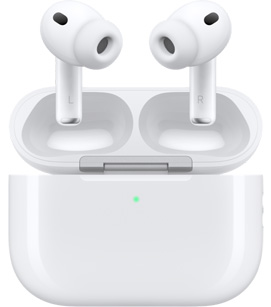 AirPods Pro 3 v nabíjacom puzdre s otvoreným krytom, pohľad spredu, biela farba