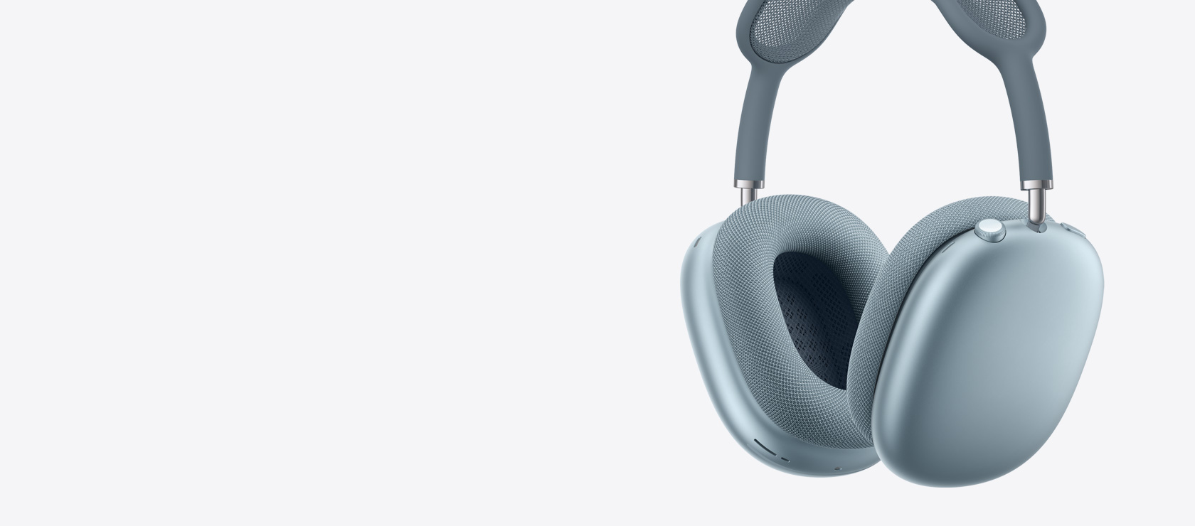 Slúchadlá AirPods Max 2, pohľad zboku, modrá farba, vidíme náušníky zvnútra aj zvonku, korunka Digital Crown