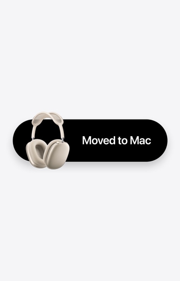 AirPods Max 2 v hviezdnej bielej farbe a s nápisom Presunuté na Mac na ukážku automatického prepínania