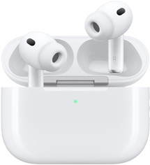 AirPods Pro 3 ja MagSafe-latauskotelo (USB‑C), pyöristetty kotelon ulkokuori, ulkoinen LED-merkkivalo, kotelo avoinna, valkoinen väri, langattomat kuulokkeet silikonitulpilla, varren sisäpuolella ovat kirjaimet L ja R