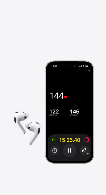 Headphone nirkabel Kiri dan Kanan di samping iPhone dengan monitor detak jantung di layar