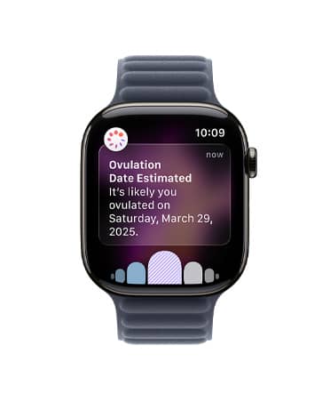 Apple Watch Series 11, slānekļa pelēka krāsa, titāna ietvars, Cycle Tracking paziņojums par ovulācijas datuma aprēķinu Health aplikācijā, Digital Crown, siksniņa, Magnetic Link, tumšzila krāsa