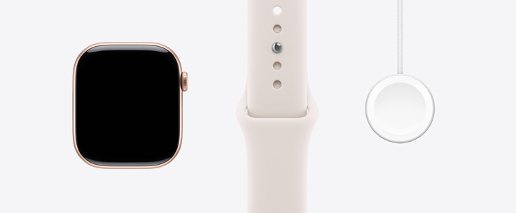 Apple Watch Series 11, aluminium case, rose gold colour, front exterior, edge-to-edge display, light blush Sport Band, Apple Watch Magnetic Fast Charger to USB-C Cable
