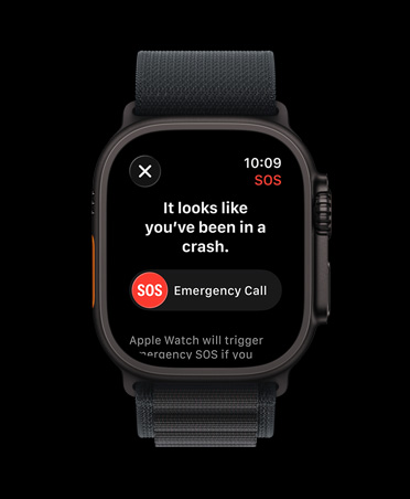 Apple Watch Ultra 3, black color, titanium case, crash detection notification, emergency call prompt, Apline Loop, black color