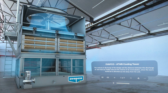 Représentation 3D d’une tour de refroidissement d’EVAPCO dans un espace industriel, avec des commandes pour parcourir les informations sur la tour