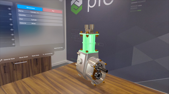 Représentation 3D du modèle CAO d’un mécanisme, avec des renseignements à son sujet, projetés dans un bureau