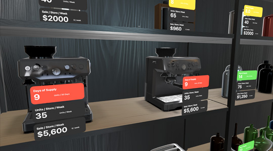 Représentation 3D des tablettes d’une boutique contenant des produits variés, avec fenêtres superposées affichant des renseignements sur les stocks