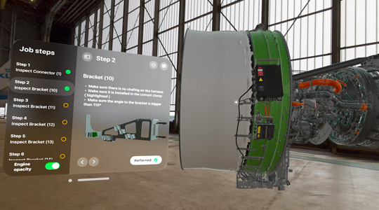 La représentation 3D d’un moteur à réaction dans un espace industriel, avec une marche à suivre détaillée dans une fenêtre flottante