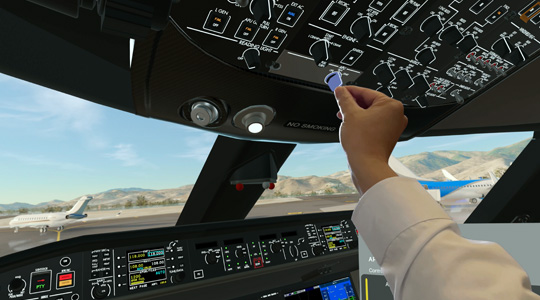 Une main tourne un bouton de commande dans une représentation 3D du poste de pilotage d’un avion