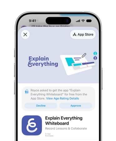 iPhone의 App Store에서 Explain Everything Whiteboard 앱 제품 페이지를 보여주는 모습. 자녀 계정의 접근 허용 또는 거부 여부를 선택하라는 메세지가 표시되어 있습니다.