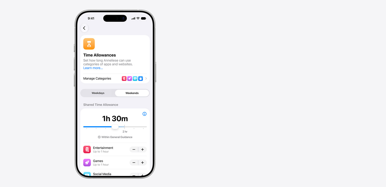 iPhone hiển thị giao diện Thời Gian Cho Phép, bao gồm thời gian cho phép được chia sẻ là hai giờ 30 phút và những sự cho phép được đề xuất cho các danh mục ứng dụng như giải trí, trò chơi và mạng xã hội.