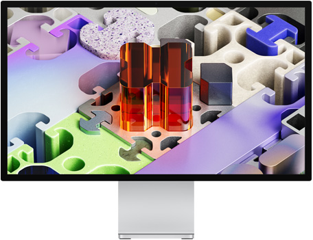 Vorderseite des Studio Display XDR mit einem dreidimensionalen, puzzleähnlichen Hintergrundbild