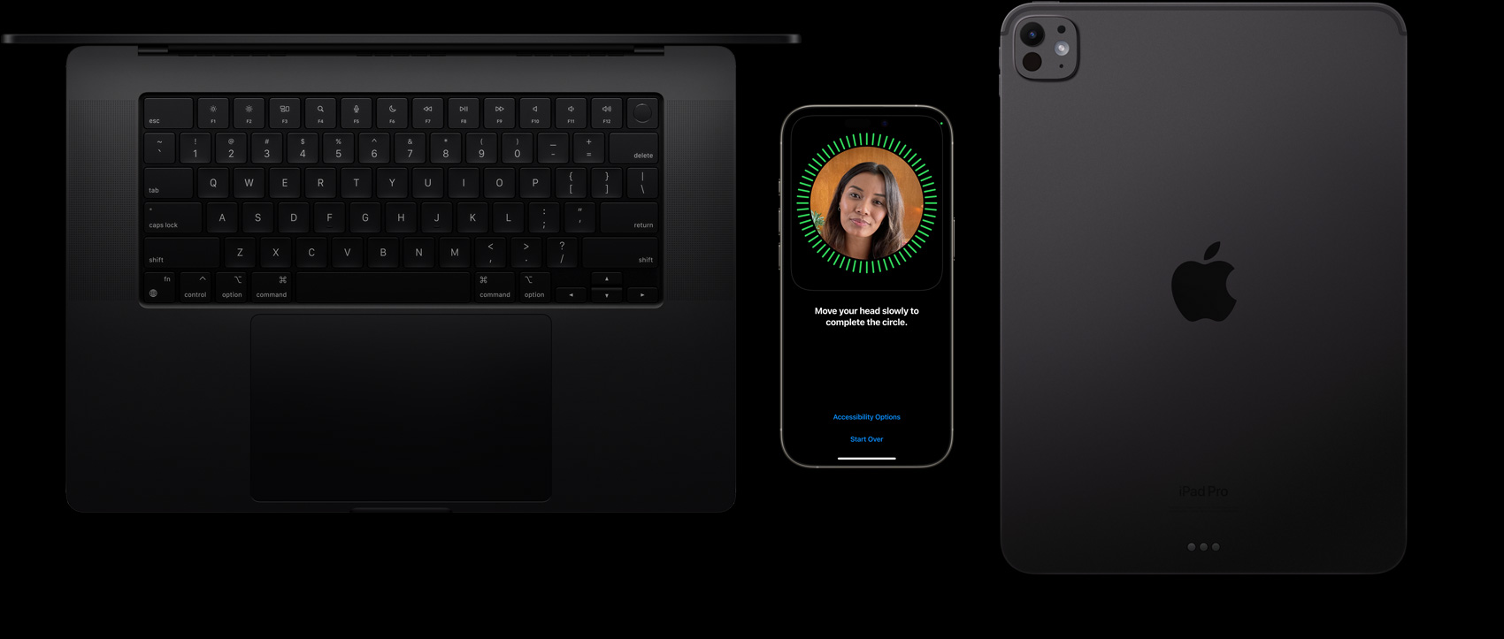 A MacBook in Space Black, an iPhone in Natural Titanium and an iPad in Space Black sit side-by-side with a Face ID setup displayed on the iPhone