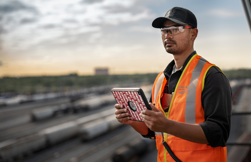 A railway worker stands holding an iPad while looking ahead, with large train wagons nearby