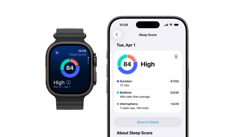 Apple Watch Ultra 3, casing titanium, warna hitam, diagram lingkaran dan peringkat skor tidur, eksterior sisi kiri, tombol Tindakan, eksterior sisi kanan, Digital Crown, tombol samping, Tali Jam Ocean, warna hitam, analisis tidur lengkap terbuka di iPhone yang dipasangkan