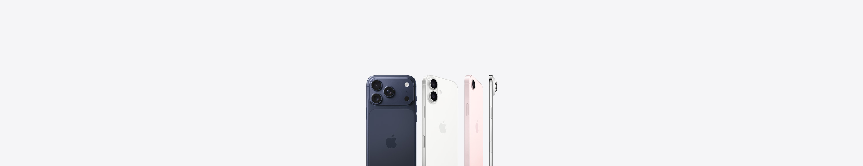 iPhone 17 Pro, face arrière, coloris bleu intense, système caméra Pro Fusion dans le coin supérieur gauche, logo Apple au centre, iPhone 17, face arrière, coloris blanc, système à deux caméras Fusion dans le coin supérieur gauche, logo Apple au centre, iPhone 17e, face arrière, coloris rose pastel, système caméra Fusion dans le coin supérieur gauche, logo Apple au centre, iPhone Air, côté, profil en titane, système caméra Fusion dans le coin supérieur gauche