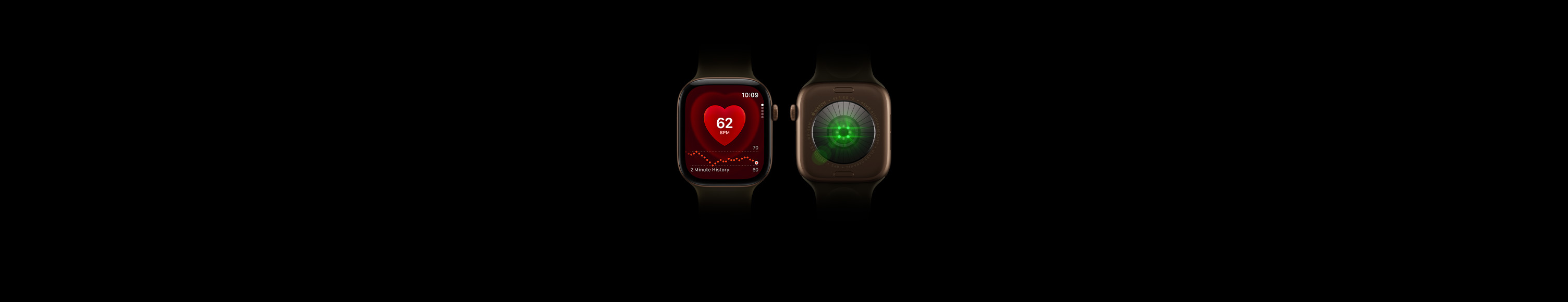 Two Apple Watch Series 12 devices, aluminum case, dark bronze colour, olive Sport Band, one showing front of watch with Heart Rate app, one showing back of watch with Health Sensing System with glowing green LED lights