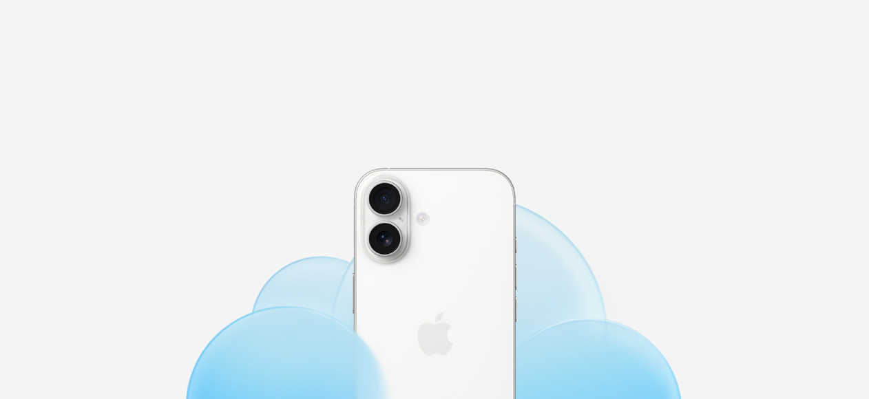 iPhone 17, back exterior, white colour, Dual Fusion camera, set against a light blue cloud