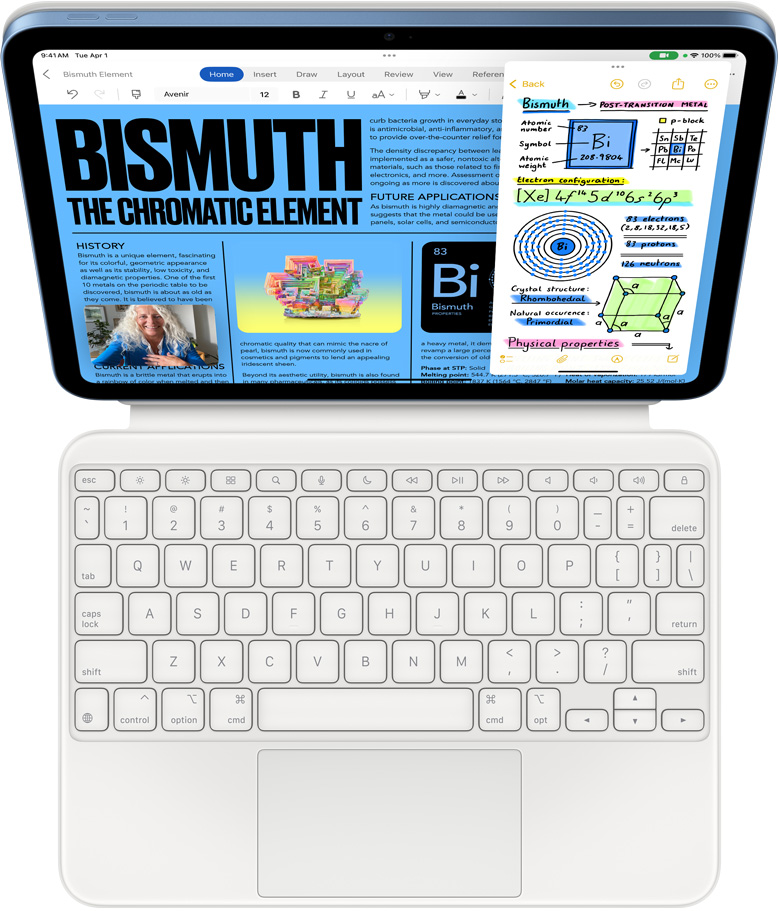 iPad er koblet til Magic Keyboard Folio, skjermen viser Slide Over med Microsoft Word og Notater, og en FaceTime-samtale skjer samtidig.
