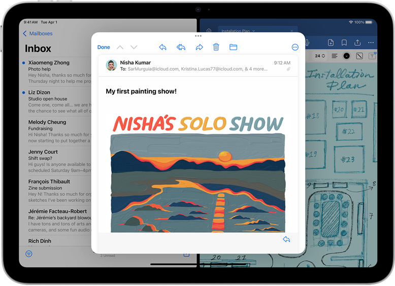Mail og GoodNotes side om side på iPad. En åpen e-postmelding i et separat vindu.