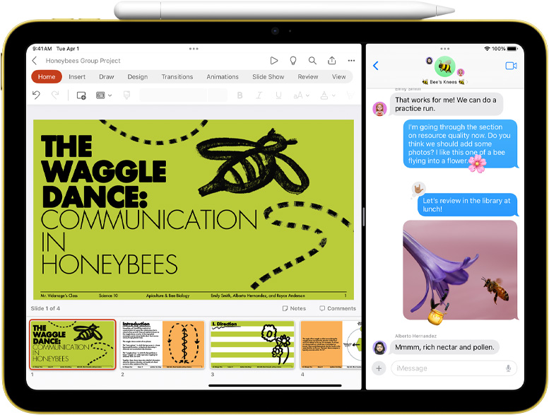 Split View med Powerpoint og Meldinger på iPad, med en Apple Pencil festet magnetisk til iPaden.