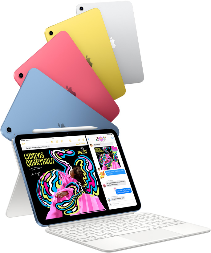iPad i blå, rosa, gul og sølv, og en iPad med Magic Keyboard Folio.