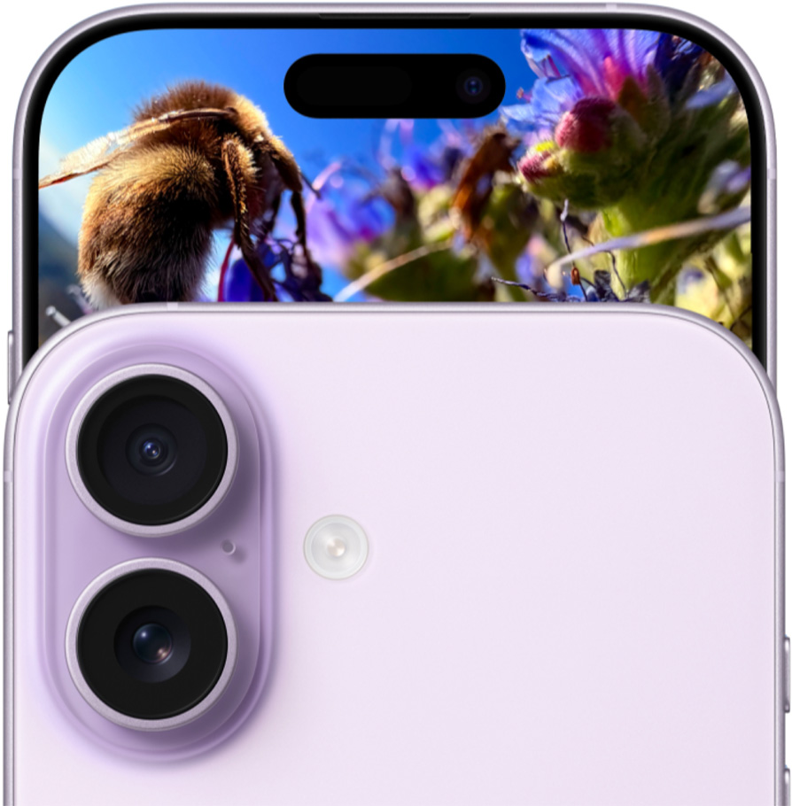 الجزء الأمامي الخارجي لجهاز iPhone 17 مع نظام كاميرا Fusion المزدوجة في وسط الجزء العلوي، الجزء الخلفي الخارجي، لون ليلكي ناعم، كاميرا Fusion في الزاوية العلوية اليسرى، يدور كلا جهازي iPhone ثم يبتعد الجهاز الخلفي بعيداً تاركاً iPhone 17 في المقدمة.