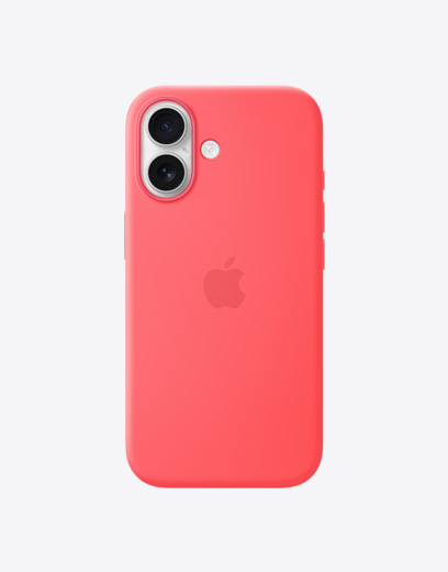 iPhone 17, back exterior with silicone case in yellow, Dual Fusion Camera System in top left corner, Apple logo centred