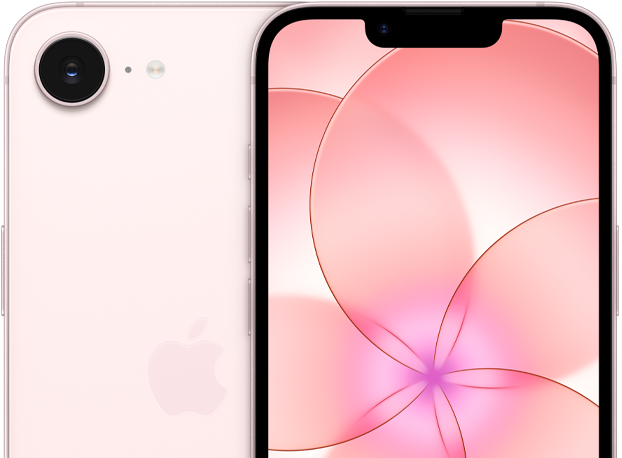 iPhone 17e, face avant, coloris rose pastel, vue partielle du dos d’un iPhone 17e montrant la caméra