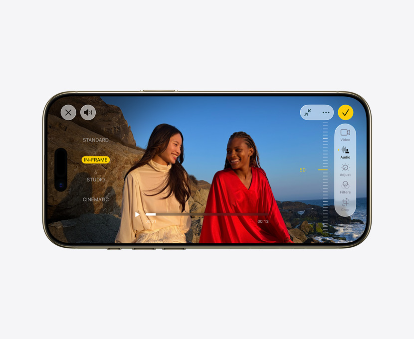 „iPhone Air“, priekinė pusė, profesionalus vaizdo įrašas su garso derinimo funkcija