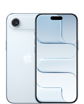 „iPhone Air“, galinė pusė, dangaus žydros spalvos, „Fusion“ kameros sistema viršuje, centre „Apple“ logotipas, priekinė pusė, dangaus žydros spalvos, „Dynamic Island“ centre viršuje