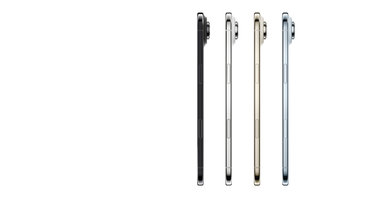 „iPhone Air“, šoninė pusė, spalvos: dangaus žydra, šviesaus aukso, debesų balta ir kosminė juoda, labai plonas profilis, „Fusion“ kameros sistema, mygtukai: šoniniai, kameros valdiklis